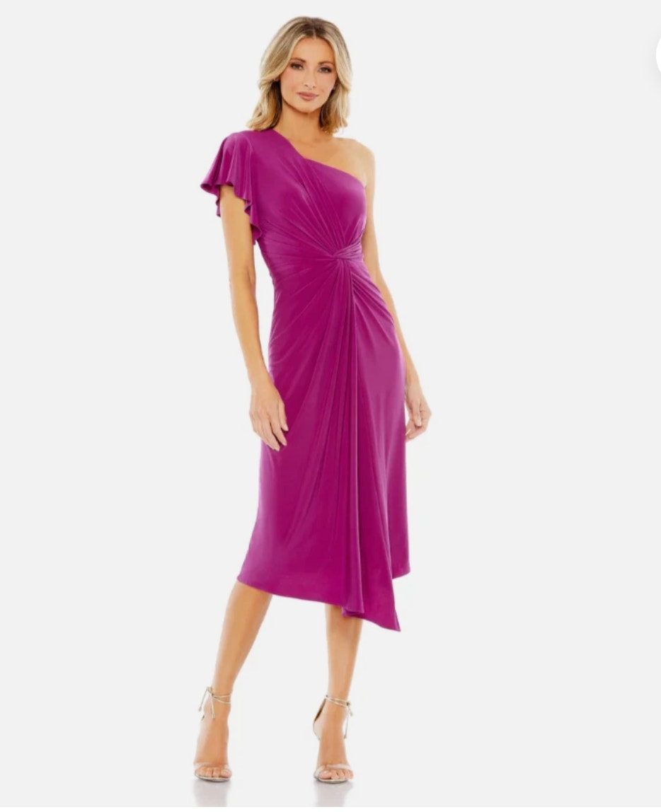 Mac Duggal 12480 One Shoulder Stretch Midi Jersey Magenta Dress Sz 14